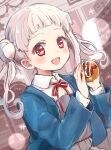  1girl arashi_chisato blue_jacket blunt_bangs blush commentary_request dress food grey_dress hacosumi hair_bun highres holding holding_food jacket long_sleeves looking_at_viewer love_live! love_live!_superstar!! medium_hair neck_ribbon open_mouth pink_background red_eyes red_ribbon ribbon school_uniform shirt smile solo sparkle takoyaki twintails white_hair white_shirt yuigaoka_school_uniform 