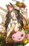  1girl absurdres aqua_eyes armlet bare_shoulders belt bracelet breasts circe_(fate) circlet fate/grand_order fate_(series) feathered_wings feijiu food fruit fruit_bowl full_body head_wings highres jewelry long_hair looking_at_viewer necklace pig pink_hair pointy_ears shirt sidelocks skirt sleeveless sleeveless_shirt small_breasts smile solo thighlet white_shirt white_skirt wings 