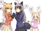  ? animal_ears black_gloves blonde_hair blush bow bowtie commentary ezo_red_fox_(kemono_friends) fennec_(kemono_friends) flower fox_ears fox_tail fur_trim gloves hair_between_eyes heart highres jacket kemono_friends lily_(flower) long_hair looking_at_viewer missile228 multicolored_hair multiple_girls silver_fox_(kemono_friends) silver_hair spoken_blush spoken_flower spoken_heart spoken_object spoken_question_mark spoken_squiggle squiggle tail thought_bubble yuri 