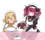  apron bebeko_z beret blonde_hair braid braided_bangs capelet closed_eyes commentary cup fine_art_parody frilled_apron frills hat holding_jug hololive hololive_english horns irys_(hololive) irys_(maid)_(hololive) jug_(bottle) juliet_sleeves long_hair long_sleeves maid_apron maid_headdress milk multicolored_hair o_o official_alternate_costume parody pointy_ears pouring puffy_sleeves red_eyes shiranui_flare shiranui_flare_(luminous) simple_background single_hair_streak spilling streaked_hair the_milkmaid twintails two-tone_hair virtual_youtuber white_background white_capelet white_hat you&#039;re_doing_it_wrong 