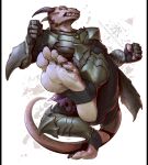anthro armor barefoot claws dragon feet foot_focus kredri male mythological_creature mythological_scalie mythology rage_face scalie soles solo stomping tail teeth toes