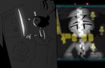 2024 4_fingers animatronic anthro arcade arcade_machine bav black_eyebrows black_eyes black_hair black_necktie bored clothed clothed_female clothed_human clothing dark digital_drawing_(artwork) digital_media_(artwork) duo eyebrows female female_focus female_human fingers five_nights_at_freddy&#039;s five_nights_at_freddy&#039;s_2 glowing glowing_eyes grey_background greyscale hair hat headgear headwear human human_focus imminent_sex lagomorph larger_anthro larger_male leaning leaning_forward leporid linda_(bav) machine male male/female mammal monochrome necktie not_furry_focus pizzeria rabbit reaching reaching_forward reaching_towards_another red_eyes robot robot_anthro scottgames security security_guard simple_background size_difference smaller_female smaller_human solo_focus standing teeth withered_bonnie_(fnaf)