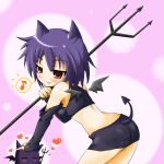  1girl 2000s_(style) ass black_shorts black_wings blush breasts closed_mouth commentary_request cowboy_shot demon_girl demon_tail demon_wings deviruchi eighth_note fang fang_out headpat heart holding holding_polearm holding_weapon looking_at_viewer medium_breasts midriff musical_note neko_yume personification pink_background polearm purple_hair ragnarok_online red_eyes short_hair shorts smile solo tail trident weapon wings 