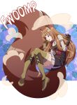  1girl :o animal_ears armor armored_gloves belt black_dress blunt_bangs boots breastplate breasts brown_belt brown_boots brown_gloves brown_hair commentary commission dress elbow_gloves english_commentary full_body gloves highres knees_together_feet_apart kojiro_brushard layered_dress leather_armor long_hair long_sleeves medium_breasts metal_arm_cuffs metal_hair_tubes metal_wrist_cuffs neck_ribbon open_mouth pleated_dress raccoon_ears raccoon_girl raccoon_tail raphtalia red_dress red_eyes red_ribbon ribbon short_dress sleeveless sleeveless_dress solo striped_clothes striped_dress tail tail_expansion tate_no_yuusha_no_nariagari teeth thigh_boots two-tone_dress upper_teeth_only vertical-striped_clothes vertical-striped_dress white_dress zettai_ryouiki 