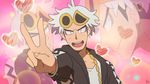  eyewear_on_head guzma_(pokemon) heart hood hoodie looking_at_viewer male_focus pink_background pokemon pokemon_(game) pokemon_sm projected_inset ssalbulre sunglasses upper_body v 