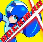  1boy android arm_cannon blue_bodysuit blue_eyes blue_helmet bodysuit glowing guutara helmet looking_at_viewer male_focus mega_man_(character) mega_man_(classic) mega_man_(series) robot robot_ears simple_background solo solo_focus weapon yellow_background 