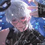  1boy arm_wrap belt_collar black_collar blue_eyes blue_flower blush chain chain-link_fence chain_leash chinese_commentary collar cuffed cuffs ear_piercing fence fengjian_yuzhi flower forget-me-not_(flower) hair_between_eyes hand_up handcuffs highres leash looking_at_viewer love_and_deepspace lower_teeth_only male_focus mask mouth_mask official_alternate_costume parted_lips piercing portrait short_hair shoulder_belt shrug_(clothing) single_bare_shoulder solo teeth watermark weibo_watermark white_hair xavier_(love_and_deepspace) 