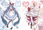  2girls absurdly_long_hair absurdres alice_(alice_in_wonderland) alternate_costume alternate_hairstyle animal aqua_halo aris_(blue_archive) asymmetrical_footwear asymmetrical_legwear black_choker black_pantyhose black_shoes blue_archive blue_dress bow bowtie breasts character_name checkered_background checkered_clothes checkered_pantyhose chinese_commentary choker cleavage clothes_lift commentary_request cosplay crown dress dress_lift frilled_choker frills full_body hair_bow halo highres holding holding_animal holding_rabbit holding_scepter long_hair long_sleeves mismatched_footwear mismatched_legwear multiple_girls pantyhose puffy_long_sleeves puffy_short_sleeves puffy_sleeves rabbit red_bow red_bowtie red_eyes red_halo scepter shoes short_sleeves small_breasts standing striped_clothes striped_pantyhose twintails very_long_hair white_background white_dress white_hair white_pantyhose white_shoes wrist_cuffs wuqi_wupenguin zoom_layer 