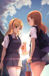  2girls backpack bag blonde_hair blue_sky blunt_bangs charm_(object) cloud commentary cowengium dress drill_hair green_eyes grey_dress hairband heanna_sumire highres holding holding_umbrella long_hair looking_at_object love_live! love_live!_superstar!! multiple_girls neck_ribbon open_mouth orange_hair outdoors purple_eyes red_hairband red_ribbon red_umbrella ribbon school_uniform shibuya_kanon shirt skirt sky smile sun suspender_skirt suspenders thighhighs umbrella white_shirt white_thighhighs yuigaoka_school_uniform zettai_ryouiki 