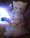  absurdres animal_ears black_hair blonde_hair blush bow bowtie brown_skirt bubble cat_ears cat_tail cave elbow_gloves eyebrows_visible_through_hair fangs gloves highres kakutasu_(akihiron_cactus) kemono_friends looking_at_viewer multicolored_hair open_mouth sand_cat_(kemono_friends) sand_cat_print seiza short_hair sitting skirt solo tail teeth white_bow white_gloves white_neckwear yellow_eyes 