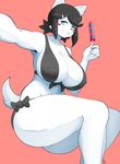  anthro big_breasts bikini black_hair blue_eyes blush_sticker breasts canine clothing dog female food fur grin hair huge_breasts maggie_applebee mammal nipple_bulge pink_background popsicle simple_background smile solo swimsuit theycallhimcake thick_thighs white_fur 