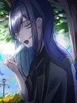  1girl ado_(utaite) black_shirt blue_eyes blue_hair chando_(ado) commentary_request day food highres holding holding_food holding_popsicle long_hair looking_at_viewer megu_(9abgoluanvcjd7o) mole mole_under_eye open_mouth outdoors popsicle shirt sidelocks solo teeth tree under_tree upper_teeth_only utaite 