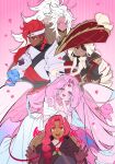  1boy 1other 3girls :d angel_wings armor ascot bare_shoulders basket black_eyes black_gloves blue_hair bow_(weapon) braid breasts bright_pupils brown_capelet capelet cleavage clenched_hand clenched_teeth collarbone colored_eyelashes colored_inner_hair colored_skin commentary_request cookie_run cookie_run:_kingdom cowboy_shot cupid curtained_hair dark-skinned_female dark-skinned_male dark_skin demon_tail dress drill_hair drill_ponytail eternal_sugar_cookie eyepatch eyes_visible_through_hair facing_viewer falling_petals feathered_wings food-themed_hair gauntlets gloves grin halo hand_on_own_cheek hand_on_own_chest hand_on_own_face hat heart heart-shaped_pupils high_ponytail highres holding holding_basket holding_bow_(weapon) holding_picnic_basket holding_weapon hollyberry_cookie humanization jacket korean_commentary laughing long_dress long_hair looking_at_another looking_at_viewer looking_up low_ponytail low_wings medium_hair multicolored_hair multiple_girls multiple_wings off-shoulder_dress off_shoulder official_alternate_costume ohta_guk_hip one_eye_covered open_mouth oversized_wings petals picnic_basket pink_background pink_eyes pink_hair pink_petals pink_skin pink_tail pink_wings pitaya_dragon_cookie pitaya_dragon_cookie_(disguise) ponytail red_eyes red_gloves red_hair red_hat red_jacket scar scar_on_face shield shield_on_back short_sleeves shoulder_armor simple_background single_braid smile streaked_hair striped_background sweat sweatdrop symbol-shaped_pupils tail tarte_tatin_cookie teeth two-tone_hair upper_body upper_teeth_only very_dark_skin very_long_hair weapon white_ascot white_dress white_eyelashes white_eyeshadow white_hair white_pupils white_undershirt wildberry_cookie wings yellow_halo 