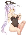  :q absurdres alternate_costume animal_ears black_leotard breasts bunny_ears bunnysuit cleavage collarbone covered_navel five-seven_(girls_frontline) girls_frontline hallohi high_ponytail highres invisible_chair leotard licking_lips long_hair looking_at_viewer medium_breasts partially_unzipped shiny shiny_clothes silver_hair simple_background sitting solo strapless strapless_leotard tongue tongue_out very_long_hair white_background wrist_cuffs yellow_eyes 