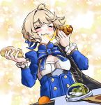  1girl ahoge artoria_pendragon_(fate) blonde_hair blue_bow blue_bowtie blue_dress blue_ribbon blush_stickers bow bowtie bread closed_eyes commentary_request dress eating fate/stay_night fate/unlimited_blade_works fate_(series) food hair_ribbon holding holding_food honkai:_star_rail honkai_(series) long_sleeves notonaon official_alternate_costume ribbon saber_(fate) saber_(honkai:_star_rail)_(fate) short_hair smile solo table 