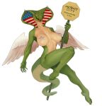 2025 american_flag anthro big_breasts biped breasts claws cobra digital_media_(artwork) digital_painting_(artwork) english_text fangs feathered_wings feathers female hi_res holding_object long_tail looking_at_viewer neracoda non-mammal_breasts nude painting_(artwork) pasties reptile scalie simple_background snake snake_hood solo tail teeth text united_states_of_america white_background wings yellow_eyes