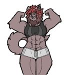  abs anthro breasts brown_fur brown_hair cat ear_piercing feline female flexing fur grin hair maine_coon mammal mittensmcgee multicolored_hair muscular muscular_female one_eye_closed piercing ptolema red_hair simple_background smile solo two_tone_hair white_background 