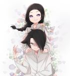  1boy 1girl aged_down artist_name bilingual_commentary black_hair braid braided_ponytail closed_mouth commentary hair_over_one_eye hand_on_another&#039;s_shoulder highres isabella_(yakusoku_no_neverland) mixed-language_commentary mother_and_son nekaruui number_tattoo one_eye_covered purple_eyes ray_(yakusoku_no_neverland) shirt short_hair smile spoilers tattoo time_paradox white_shirt yakusoku_no_neverland 