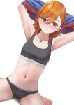  1girl armpits arms_behind_head black_panties black_sports_bra blue_shirt blush commentary_request embarrassed highres long_hair looking_at_viewer love_live! love_live!_superstar!! navel orange_hair panties purple_eyes shibuya_kanon shirasaki_(ebb_ss) shirt sitting sports_bra swept_bangs underwear undressing wariza white_background 
