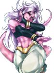  1girl abs android_21 black_tank_top bracelet breasts detached_sleeves dragon_ball dragon_ball_fighterz evil_smile fingerless_gloves gloves head_tilt jewelry leg_lift long_hair majin_android_21 pants puffy_pants red_eyes simple_background smile solo st62svnexilf2p9 tail tank_top white_background white_hair white_pants 