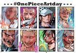  6+boys beard beard_stubble black_hair blonde_hair blood blood_on_face blue_eyes blue_fire blue_hair buggy_the_clown charlotte_katakuri crocodile_(one_piece) donquixote_doflamingo earrings facial_hair facial_tattoo fire glasses goddkilly hashtag-only_commentary hat highres hook_hand jewelry king_(one_piece) long_nose looking_at_viewer makeup male_focus marco_(one_piece) marshall_d._teach missing_tooth multiple_boys multiple_drawing_challenge one_piece purple_hair red_nose sharp_teeth short_hair smile stitched_face stitches stubble sunglasses tattoo teeth tongue tongue_out trafalgar_law white_hair 