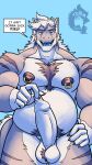 absurd_res anthro ball_tuft balls body_hair chest_hair dragon english_text foreskin foreskin_play foreskin_pull genitals hi_res humanoid_genitalia humanoid_penis looking_at_viewer male male_anthro mythological_creature mythological_scalie mythology nipple_piercing nipples penis piercing presenting presenting_penis pubes scalie solo speech_bubble talking_to_viewer text thekinkybear tuft
