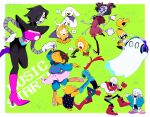  1other 4boys 4girls =_= ^_^ alphys android arthropod_girl asgore_dreemurr ballet_slippers black_hair boots bow closed_eyes dancing extra_arms flower flowey_(undertale) frisk_(undertale) full_body ghost gloves green_background hair_bow hand_on_own_hip headphones high_heel_boots high_heels highres holding holding_hands holding_teapot kanianoreki knee_boots mad_dummy_(undertale) mettaton mettaton_ex microphone muffet multiple_boys multiple_girls music musical_note napstablook open_mouth outstretched_arms papyrus_(undertale) pink_skirt purple_boots sans_(undertale) short_hair short_twintails singing skirt spider_girl spoken_musical_note standing teapot toriel twintails undertale undyne white_gloves 
