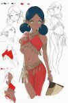  1girl bare_shoulders belly bindi black_hair bra commentary dark-skinned_female dark_skin expressionless green_eyes gundam hair_rings hand_fan holding holding_fan indian_clothes jewelry lalah_sune mobile_suit_gundam navel necklace okashi_please red_bra thighs underwear 
