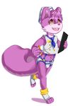  2017 anthro briefs bulge canine clothed clothing cub digital_media_(artwork) fur hair hi_res holding_object littlerager male mammal navel open_mouth open_smile pencil_(object) pink_fur pink_hair rodent shadow simple_background smile solo squirrel suspenders teeth tongue underwear waiter walking white_background white_fur yellow_eyes young 
