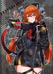 1girl asymmetrical_gloves black_gloves black_hoodie black_horns blue_sealad blush cowboy_shot dragon_girl dragon_horns dragon_tail fingerless_gloves gloves hair_between_eyes highres hood hoodie horns long_hair looking_at_viewer magus_(zenless_zone_zero) mechanical_tail mismatched_gloves orange_hair orange_pupils orpheus_(zenless_zone_zero) pointy_ears tail twintails wavy_mouth yellow_gloves zenless_zone_zero 