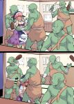 1girl 4boys bar_censor blue_hat blue_shirt bottle breasts censored colored_skin commentary commission erection fixed-point_camera fuuzasa gangbang green_skin group_sex hat highres indoors interspecies large_breasts multiple_boys okunoda_miyoi orc penis pink_hair purple_skirt rape shirt skeb_commission skirt torn_clothes torn_shirt touhou whale_hat 