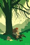 1boy 1girl artist_name black_shoes black_skirt blue_eyes book brown_hair collared_shirt couple falling_leaves full_body grey_sweater harry_potter_(series) helen_jee hermione_granger hetero highres kiss leaf leaning_back long_hair looking_at_another open_book outdoors red_hair ron_weasley school_uniform shirt shoes short_hair sitting skirt sweater tree under_tree wavy_hair white_shirt wizarding_world 