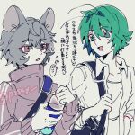  2girls animal_ears antennae bobotatamu bottle collared_shirt commentary_request green_eyes green_hair grey_background grey_hair grey_jacket hair_between_eyes highres holding holding_bottle jacket long_sleeves looking_at_another looking_to_the_side mouse_ears mouse_girl multiple_girls nazrin open_mouth red_eyes shirt short_hair simple_background touhou translation_request upper_body water_bottle white_shirt wriggle_nightbug 