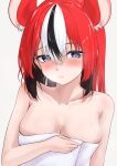  1girl absurdres animal_ears black_hair blue_eyes blush breasts cleavage closed_mouth colored_inner_hair hakos_baelz highres hololive hololive_english ilie_ilie long_hair looking_at_viewer medium_breasts mouse_ears mouse_girl multicolored_hair red_hair solo streaked_hair towel virtual_youtuber wet wet_hair white_hair 