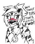  :3 anthro blush breasts dialogue english_text feline female fur hair low_res mammal mittensmcgee open_mouth reaction_image selena_(mittensmcgee) spot_color striped_fur stripes sweat sweatdrop text tiger 