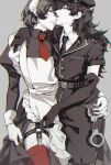  2boys akechi_gorou alternate_costume amamiya_ren apron arm_around_shoulder arm_around_waist clothes_lift collared_shirt commentary cowboy_shot crossdressing cuffs elbow_gloves gloves grey_background greyscale handcuffs hat highres lifting_another&#039;s_clothes long_hair looking_at_viewer maid maid_apron maid_headdress male_focus male_maid monochrome multiple_boys necktie official_alternate_costume persona persona_5 persona_5:_dancing_star_night persona_dancing police_hat red_eyes red_lips red_necktie shiosakana shirt short_hair spot_color symbol-only_commentary trap yaoi 