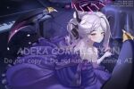  1girl adeka black_halo black_horns blue_archive demon_girl demon_horns demon_wings dress earrings elbow_gloves floating_earrings gloves grand_piano halo highres hina_(blue_archive) hina_(dress)_(blue_archive) horns instrument jewelry low_wings multiple_horns official_alternate_costume official_alternate_hairstyle original piano piano_keys prefect_team_(blue_archive) purple_dress purple_gloves purple_wings strapless strapless_dress wings 