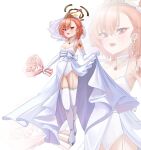  1girl absurdres ahoge alternate_costume asymmetrical_bangs blue_archive blush bouquet braid bridal_veil commentary crown dress elbow_gloves fang flower garter_straps gloves hair_between_eyes highres holding holding_bouquet huge_ahoge leotard long_hair looking_at_viewer neru_(blue_archive) open_mouth pink_flower red_eyes red_hair shoes sidelocks single_braid skirt_hold solo taeman thighhighs veil wedding_dress white_dress white_garter_straps white_gloves white_leotard white_shoes white_thighhighs 