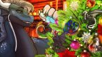 16:9 acidic ambiguous_gender black_body black_horn black_scales blue_body blue_eyes blue_pawpads blue_scales blue_wings christmas christmas_decorations christmas_tree dinosaur dragon dromaeosaurid ear_frill feral frill_(anatomy) fur grey_body grey_fur grey_horn grey_scales grey_wings group hi_res holidays horn inside markings membrane_(anatomy) membranous_wings mythological_creature mythological_scalie mythology narrowed_eyes pawpads plant prehistoric_species red_eyes reptile scales scalie striped_legs striped_markings striped_tail stripes tail tail_markings theropod tree white_body white_fur white_horn widescreen wings yellow_eyes