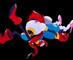  2boys black_background blue_jacket boots brothers facing_away full_body gloves highres holding_hands jacket jumping kanianoreki male_focus multiple_boys papyrus_(undertale) pink_slippers red_boots red_gloves red_scarf sans_(undertale) scarf siblings simple_background slippers socks undertale white_socks 