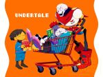  1other 2boys =_= blue_jacket blue_shorts boots brothers brown_hair cape child chips_(food) closed_eyes colored_skin copyright_name food frisk_(undertale) full_body grin highres holding holding_food in_shopping_cart jacket kanianoreki lying multiple_boys on_back orange_background papyrus_(undertale) pillarboxed red_boots red_cape sans_(undertale) shopping_cart short_hair shorts siblings slippers smile standing undertale watermark white_skin yellow_skin 