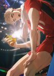  1boy absurdres black_hair blonde_hair brown_eyes commentary commentary_request from_below haikyuu!! highres holding looking_at_viewer male_focus miya_atsumu multicolored_hair open_mouth pmzing shirt short_hair shorts solo sportswear sweat teeth tongue two-tone_hair very_sweaty volleyball_uniform yellow_eyes 