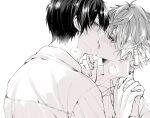  2boys ace_trappola arm_up blush breath collared_shirt commentary_request deuce_spade eye_contact facial_mark french_kiss greyscale hair_between_eyes hand_on_another&#039;s_chin hand_on_another&#039;s_neck heart holding_hands kiss looking_at_another male_focus mofu_twst monochrome multiple_boys open_mouth parted_bangs saliva shirt short_hair simple_background spade_(shape) tongue twisted_wonderland upper_body white_background wing_collar yaoi 