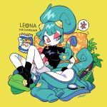 1:1 ambiguous_gender anthro breasts candy chameleon character_name clothed clothing coiled_tongue dessert duo eating female feral food gummy_(food) gummy_worm hi_res leona_(nelnal) lizard magnifying_glass nelnal non-mammal_breasts pictographics reptile scalie simple_background text yellow_background