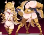  1girl absurdres animal_ears anus anus_peek ass bent_over blonde_hair blush breasts colored_inner_hair green_eyes highres ju_fufu laxiusart long_hair looking_at_viewer medium_breasts multicolored_hair multiple_views striped_hair tail thighs tiger_ears tiger_girl tiger_tail white_hair zenless_zone_zero 