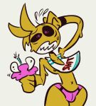2023 4_fingers ambiguous_gender animate_inanimate anthro avian bav beakless bib bird birthday_candle black_sclera bodily_fluids breasts chicken clenched_teeth clothing cupcake_(fnaf) digital_drawing_(artwork) digital_media_(artwork) duo female female_anthro fingers five_nights_at_freddy&#039;s five_nights_at_freddy&#039;s_2 food food_creature fur galliform gallus_(genus) hand_on_head hand_on_own_head hi_res holding_another larger_anthro larger_female living_cupcake navel nipple_slip nipples panties phasianid pink_clothing pink_eyes pink_head pink_panties pink_underwear raised_arm scottgames simple_background size_difference small_breasts smaller_ambiguous squeezing standing stressed sweat sweat_emanata teeth text_on_bib thick_thighs toy_chica_(fnaf) underwear white_background white_bib wide_hipped_anthro wide_hipped_female wide_hips x_navel yellow_body yellow_breasts yellow_fur yellow_nipples