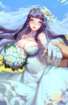  bangs bare_shoulders black_hair blue_dress blunt_bangs bouquet breasts bridal_veil bride cleavage dated day dress elbow_gloves flower gloves hair_flower hair_ornament highres holding_hands hyuuga_hinata large_breasts lips long_hair looking_at_viewer naruto naruto_(series) out_of_frame outdoors parted_lips pearl petals pov sky smile solo_focus symbol-shaped_pupils veil very_long_hair wedding_dress white_eyes yuiko_(yuiko33miao) 