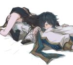  2boys 69 asymmetrical_bangs blue_hair bulge_to_face changpao chinese_clothes chongyun_(genshin_impact) clothed_sex earrings frilled_shirt frilled_sleeves frills genshin_impact highres jewelry lying male_focus messy_hair multiple_boys oral shirt simple_background thighs tuhuoooo white_background xingqiu_(genshin_impact) yaoi yellow_eyes 