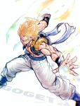  1boy black_vest blonde_hair blue_sash cropped_vest dragon_ball dragon_ball_z energy_ball gogeta green_eyes halo ham5037 highres male_focus metamoran_vest open_clothes open_vest sash simple_background solo standing super_saiyan super_saiyan_1 vest white_background 