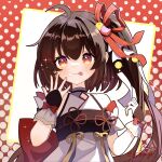  1girl ahoge black_gloves black_outline bow brown_eyes brown_hair china_dress chinese_clothes closed_mouth commentary_request dot_nose dress fingerless_gloves food food_on_face frilled_gloves frills glove_bow gloves hair_ornament hair_ribbon highres indie_virtual_youtuber licking_lips long_hair looking_at_viewer outline polka_dot polka_dot_background red_background red_bow red_ribbon ribbon side_ponytail sidelocks signature simple_background smile solo tongue tongue_out two-tone_background very_long_hair virtual_youtuber white_background white_dress x_hair_ornament ximilulu yousa 